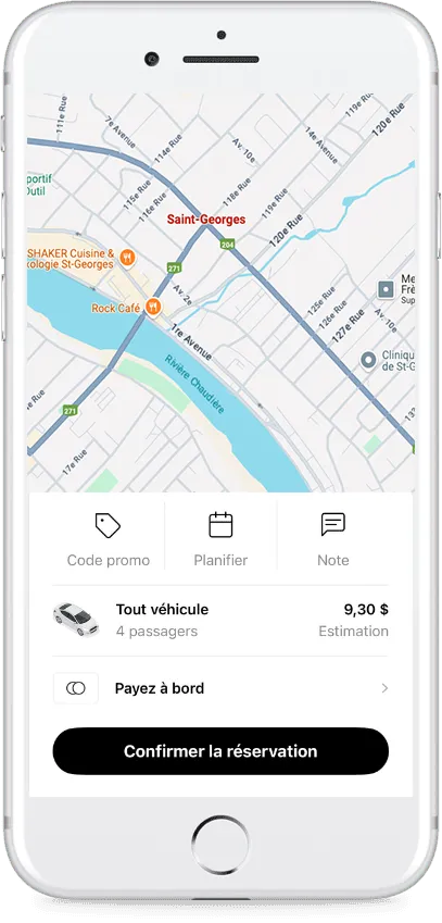 Application de réservation de trajet à Saint-Georges, Québec.